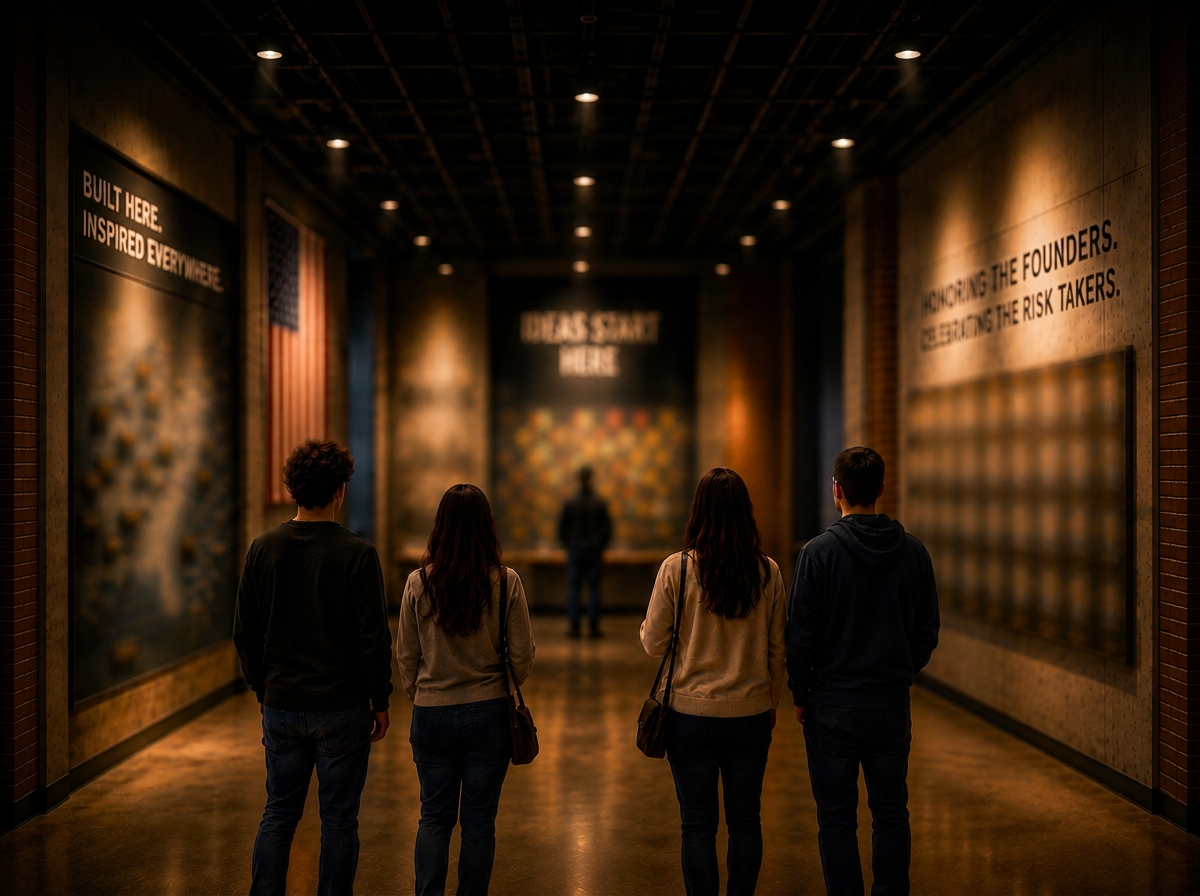 Visitors walking through a dramatic museum hallway with illuminated exhibits and American flag