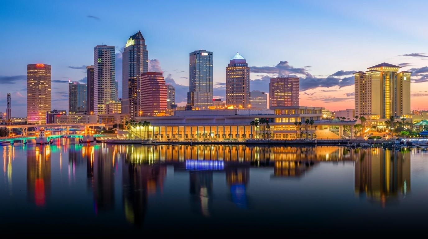 Downtown Tampa skyline at dusk reflected on Hillsborough Bay